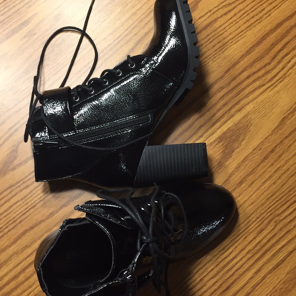Express patent leather boots.  Black